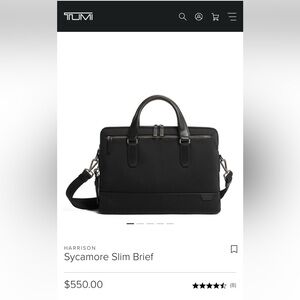 NWT Tumi Harrison Sycamore slim briefcase. $550 Black leather and nylon tricot